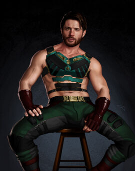 1boy abs actor artist_signature bara beard belt biceps big_bulge brown_hair bulge bulge_through_clothing celebrity facial_hair gabo_artist green_eyes hand_on_thigh human in_character inviting inviting_to_fuck inviting_to_sex inviting_viewer jensen_ackles light-skinned_male light_skin looking_at_viewer male male_only manspreading muscular muscular_male pants realistic sitting soldier_boy solo solo_male spread_legs stool superhero superhero_costume the_boys yaoi