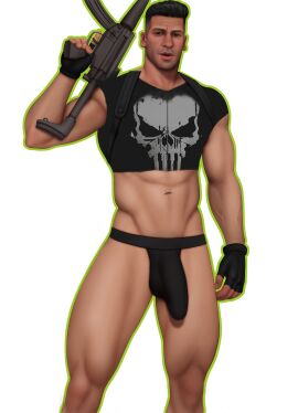 1boy abs actor black_hair brown_eyes celebrity crop_top drawnpr0n flaccid gun happy_trail hung in_character jockstrap jon_bernthal light-skinned_male light_skin male male_only marvel marvel_cinematic_universe marvel_comics muscular muscular_male penis pubic_hair punisher_(francis_castle) punisher_(marvel_comics) rifle solo standing weapon yaoi