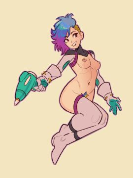 1girls armwear blue_hair breasts casual exposed_torso female firearm functionally_nude gun handgun human legwear luna_(spacyluna) multicolored_hair ndasfw original original_character pale_skin pink_eyes pubic_hair short_hair small_breasts smiling spacyluna weapon
