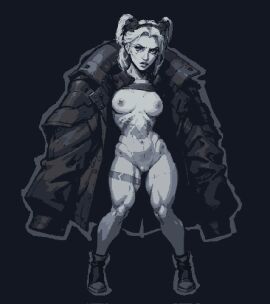 1girls 2024 2d black_background breasts breasts_out closed_mouth cyberpunk:_edgerunners female female_only footwear functionally_nude greyscale human jacket looking_at_viewer naked_footwear navel nipples outerwear pale_skin pixel_art pussy rebecca_(edgerunners) robot robot_girl robot_humanoid sasha_miu shoes simple_background solo solo_female standing thighs