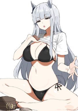 1girls bikini black_bikini bow female flip_flops gold_ship_(umamusume) hairbow hat horse_ears horse_girl horse_tail kumiyabe light-skinned_female light_skin long_hair partially_clothed pink_eyes sandals shirt shirt_lift solo solo_female tail umamusume white_hair