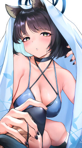 1boy absurdres animal_ear_fluff animal_ears bikini black_eyes black_hair black_halo black_nails blue_archive blue_bikini blue_halo breasts cat_ears cat_girl cat_tail cleavage commentary_request cum ejaculation_under_clothes female fingernails halo handjob highres kikyou_(blue_archive) kikyou_(swimsuit)_(blue_archive) long_fingernails looking_at_viewer male medium_breasts murugai official_alternate_costume panties panties_on_penis parted_lips penis revision short_hair solo_focus straight swimsuit tail underwear