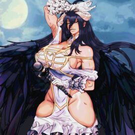 1girls albedo_(overlord) bare_arms bare_shoulders bare_thighs big_breasts black_hair breasts clothed clothing color demon female female_focus female_only hi_res horns large_breasts light-skinned_female light_skin long_hair looking_at_viewer master_dcj overlord_(maruyama) solo solo_female succubus tagme thick_thighs wings yellow_eyes