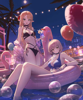 2girls absurdres balloon bikini black_bikini blonde_hair blue_bikini blue_nails blush braid breasts bubble city cityscape closed_mouth cocktail cocktail_glass criss-cross_halter cup drink drinking_glass dungeon_meshi elf falin_touden female floating green_eyes halterneck heart_balloon highres holding holding_cup inflatable_flamingo innertube jacket jacket_partially_removed light_brown_hair long_hair looking_at_viewer marcille_donato medium_breasts multiple_females multiple_girls navel night on_innertube open_mouth palm_tree partially_submerged pointy_ears pool see-through_clothes see-through_jacket short_hair side-tie_bikini_bottom small_breasts smile standing swim_ring swimsuit teeth tree upper_teeth water xzu yellow_eyes