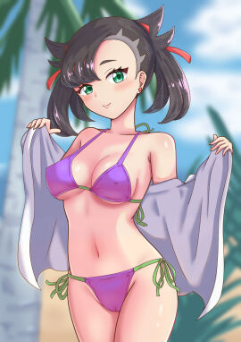 1girls beach bikini black_hair breasts covered_nipples dark_hair female flashing goth goth_girl green_eyes light-skinned_female light_skin maho_(corotonton5150) marnie_(pokemon) medium_breasts medium_hair pale_skin pink_bikini pokemon pokemon_(game) pokemon_ss solo straight_hair swimsuit towel twintails