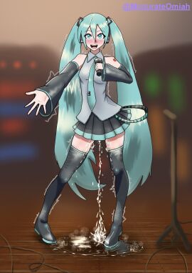 blush female hatsune_miku light_blush micturate_omiah omorashi peeing peeing_self shaking smiling urinating urinating_female urination urine urine_on_ground urine_puddle urine_stream vocaloid wetting wetting_self