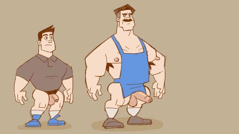 apron apron_only armpit_hair balls boner bunbunny_(artist) erection facial_hair father_and_son flaccid implied_incest male male_only moustache pantsless penis smallsrabbit