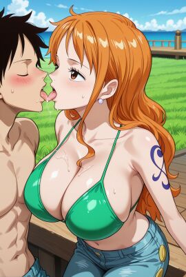 ai_generated big_breasts bikini_top black_hair busty curvy curvy_female french_kissing kissing luffy monkey_d_luffy nami_(one_piece) one_piece orange_hair scar scar_on_face sweat sweatdrop tongue tongue_out