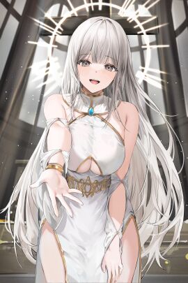 bare_shoulders blush breasts brooch cleavage dress female female_only grey_eyes halo large_breasts lillly long_hair original pointy_chin side_slit smile solo underboob_cutout white_hair