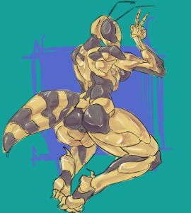 alone female female_only hidekideki insect insects muscular muscular_female on_knees wasp