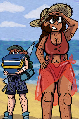 asli_(th3crazyguard1an) beach blue_eyes boobs braid breasts brown_hair dark-skinned_female dark_skin female freckles freckles_on_face glasses grey_eyes mute_(th3crazyguard1an) original original_character scar straw_hat swimsuit swimwear tagme th3crazyguard1an