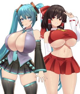 2girls 3d 3d_(artwork) 3d_model blue_hair breasts brown_hair cleavage dekapaiyukari facominn female female_focus female_only hatsune_miku highres huge_breasts large_breasts looking_at_viewer mikumikudance miniskirt mmd red_eyes reimu_hakurei simple_background skindentation skirt syobons_(shupi-san) thick_thighs touhou twintails underboob vocaloid white_background