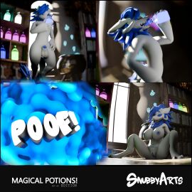 3d absurd_res anthro areola black_border blue_areola blue_penis blue_vulva border breasts cauldron container digital_media_(artwork) drinking female genitals hi_res inside magic male penis potion potion_bottle pubic_tattoo rule_63 snubby snubbyarts solo spell tattoo text vaginal_penetration wickerbeast witchcraft
