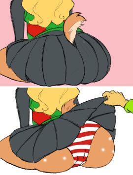 artist_request ass assisted_exposure black_skirt blonde_hair brown_fur bubble_ass bubble_butt deltarune edit female full_back_panties huge_ass huge_butt kris_(deltarune) lifted_skirt noelle_holiday oblivious panties pink_background red_panties sexual_harassment skirt_lift sweater tail tail_through_clothes tail_through_skirt thick_thighs upskirt white_background