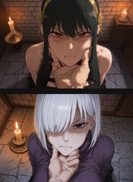 2girls ai_generated angry big_breasts black_eyes black_hair breasts captured defeated defeated_heroine female fiona_frost imminent_rape imminent_sex looking_at_viewer red_eyes restrained spy_x_family sweat tied_up tommu_15 white_hair yor_briar yor_forger