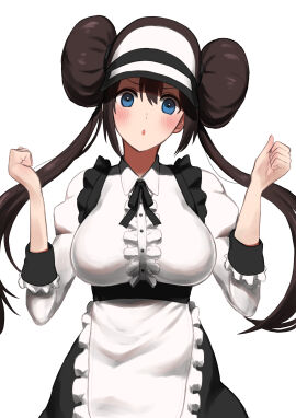:o angry apron blue_eyes blush breasts brown_hair double_bun doughnut_hair_bun female hair_bun large_breasts looking_at_viewer maid maid_apron maid_headdress maid_uniform nintendo nishikino_kee pokemon pokemon_bw2 rosa_(pokemon) twintails visor_cap