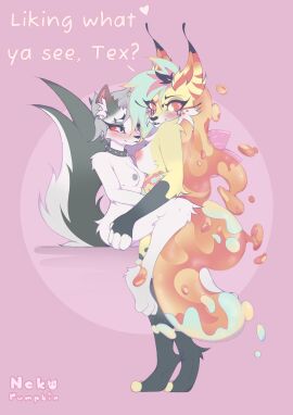 2d 2girls absurd_res anthro areolae arthropod bedroom_eyes bee black_nose blue_hair blush breasts canid canid_demon canine canis choker demon dialogue digital_media digitigrade duo fangs female female/female female_only fluffy full_body fur fur_markings furry gradient_hair grey_body grey_fur grey_hair grey_nipples hair hands_on_hips hellhound helluva_boss hi_res hymenopteran insects jewelry looking_at_another looking_at_viewer looking_back loona_(helluva_boss) mammal markings medium_breasts mythological_canine mythological_creature mythology narrowed_eyes necklace nekopumpkin nipples open_mouth piercing pink_hair pink_nipples propped_up queen_bee-lzebub_(helluva_boss) red_eyes seductive sitting smile standing teeth text wings yellow_body yellow_fur yuri