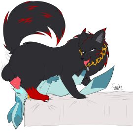1:1 69_position absurd_res animal_genitalia animal_penis artyom_(thebonemaker) ass balls bed big_ass big_balls big_butt black_body black_fur blue_blush blue_body blue_eyes blue_fur blue_pawpads blue_tongue blush canid canine canine_genitalia canine_penis canis chains collar cyber_comet deep_throat duo eeveelution fellatio feral fluffy fluffy_tail fur furniture generation_4_pokemon genitals glaceon gold_(metal) gold_chain grey_body grey_fur hi_res knot leg_markings looking_back lying male male/male male_on_bottom male_on_top mammal markings nintendo on_back on_bed on_bottom on_top open_mouth oral oral_penetration pawpads penetration penile penis pokemon pokemon_(species) sex sheath simple_background size_difference socks_(marking) tail tongue white_background wolf