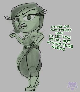 ass dialogue disgust_(inside_out) evil_raccoon green_hair inside_out short_hair showing_off sketch skirt skirt_lift thick thick_ass thick_thighs thighs