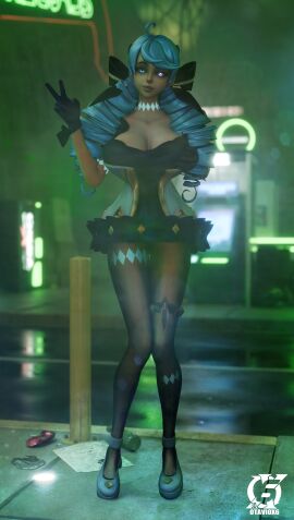 3d big_breasts blue_hair breasts dress female female_only gwen_(league_of_legends) hand_on_breast league_of_legends looking_at_viewer otaviox6 riot_games small_dress smiling smiling_at_viewer solo_female solo_focus standing v_sign