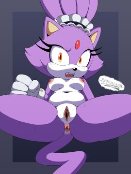 anthro anus areola blaze_the_cat blush blush_lines bodily_fluids breasts clothing domestic_cat eyelashes felid feline felis female forehead_gem fur gem genitals gloves goldsden grey_background grey_clothing grey_gloves grey_handwear handwear hi_res looking_at_viewer lying maid maid_headdress mammal navel nipples nude on_back open_mouth orange_eyes pink_anus pink_areola pink_nipples pink_pussy purple_background purple_body purple_fur pussy sega simple_background small_breasts solo sonic_(series) sonic_speed_simulator sonic_the_hedgehog_(series) spindasher98 spread_legs spreading sweat sweatdrop thick_thighs third-party_edit white_body white_fur wide_hips