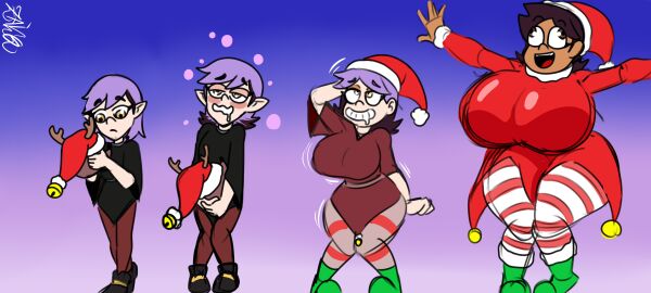 alternate_breast_size amity_blight big_breasts breast_expansion breast_growth breast_growth_(enlargement) breasts christmas elf_costume female female_only flat_colors hyper_breasts identity_death luz_noceda silly_face tagme the_owl_house thick_thighs thigh_expansion transformation zaicomaster14