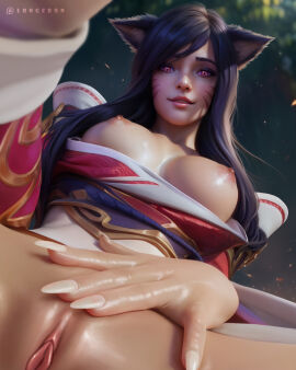 1girl 1girls 3d ahri areola areolae black_hair breasts breasts_out close-up closed_eyes_smile closeup cunnilingus_pov default_skin facial_markings female fox_ears hair league_of_legends long_hair longeron medium_breasts nipples partially_clothed pov pov_cunnilingus pov_eye_contact pussy red_eyes riot_games shaved_pussy smile submissive_pov taker_pov vagina vastaya video_games