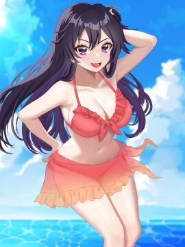 armpits bambietta_basterbine beach bikini black_hair bleach bleach:_sennen_kessen-hen breasts female hair_ornament large_breasts long_hair ocean open_mouth panties skirt sky solo solo_focus swimsuit underwear