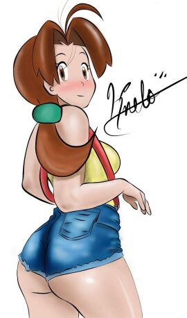 1girls 2d 2d_(artwork) artist_signature ass average_breasts blue_shorts blush breasts brown_eyes brown_hair creatures_(company) curvy_figure delia_ketchum_(pokemon) denim denim_shorts female game_freak knelo_grasoso looking_at_viewer looking_back mature_female misty_(pokemon)_(cosplay) overalls pokemon pokemon_(anime) shirt shorts signature simple_background tank_top thick_ass thick_thighs tied_hair white_background yellow_shirt