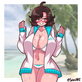 1girls ahoge artist_name big_breasts bikini border breasts brown_hair female glasses jacket light-skinned_female light_skin oc open_jacket original original_character red_eyes saki_(seireiart) seireiart solo solo_female sweat sweaty_body thick_thighs thighs watermark