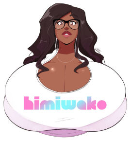 big_breasts breasts caricature dark-skinned_female dark_skin female glasses himiwako hoop_earrings hoop_earrings_oversized huge_breasts logo macromastia massive_breasts necklace nose_piercing nose_ring portrait streamer text
