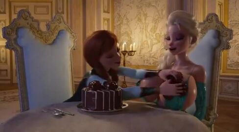 ai_assisted ai_generated ai_video alternate_breast_size anna_(frozen) cake candle chocolate_on_breasts cream_on_breasts disney dress elbow_gloves elsa_(frozen) frozen_(film) gloves incest opera_gloves rubbing_breasts serge3dx sisters sound table tagme video yuri