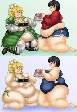 2girls bbw bikini black_hair blonde_hair blush closed_eyes eating elf female kirigaya_suguha leafa obese_female open_mouth overweight school_swimsuit short_shorts sword_art_online thepervertwithin