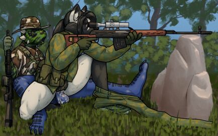 anthro argonian assault_rifle balls bethesda_game_studios blue_body blue_scales bodily_fluids bottomless bottomwear camo camo_bottomwear camo_clothing camo_pants camo_print canid canine clothed clothing cum cum_in_pussy cum_inside distracted_sex duo erection female female_penetrated forest fox genital_fluids genitals gun holding_gun holding_object holding_ranged_weapon holding_weapon humanoid_genitalia humanoid_penis male male/female male_penetrating male_penetrating_female mammal microsoft open_mouth outside pants pattern_bottomwear pattern_clothing pattern_pants penetration penis plant pussy ranged_weapon red_fox reptile rifle scales scalie sex shirt silver_fox sniper_rifle tall_lizzard_(artist) the_elder_scrolls topwear tree tristen true_fox uniform vaginal_penetration weapon
