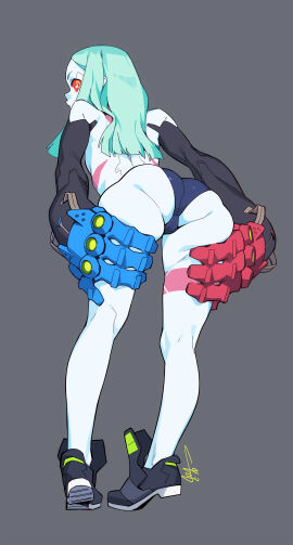 1girls ass cyberpunk:_edgerunners cyberpunk_2077 feguimel female legs looking_back no_artist_signature panties petite rebecca_(edgerunners) shoee shoes small_eyebrows small_nose solo thighs topless topless_female