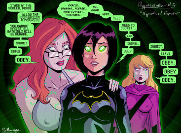 3girls artist_name asian asian_female batgirl batgirl_(cassandra_cain) batman_(series) big_breasts black_hair blonde-hair breasts cassandra_cain cleavage corruption day_count dialogue drone droneification english english_text female female_only femdom femsub glasses gloves glowing_eyes green_eyes hand_on_shoulder hips hourglass_figure hypnosis hypnotic_screen hypnovember large_breasts lipstick makeup mind_control nipple_bulge nipples nipples_visible_through_clothing orphan_(dc) polmanning red_hair red_lipstick simple_background speech_bubble spiral spiral_background spiral_eyes spoiler_(dc) stephanie_brown technology text wide_hips