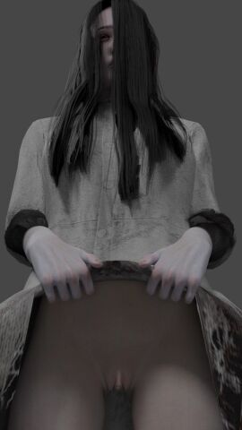 1girls 3d black_hair dead_by_daylight female ghost_girl lifting_skirt long_hair pale_skin pussy unseen_female_face viewed_from_below yamamura_sadako