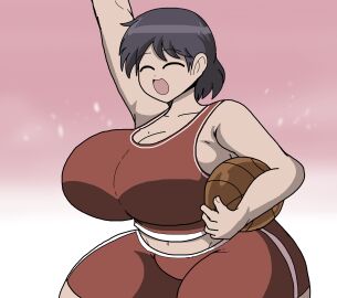 1girls azumanga_daiou background_character basketball black_hair breasts cleavage closed_eyes closed_eyes_smile female female_only gradient_background gym_uniform hand_up holding huge_breasts multicolored_background open_mouth pink_background poopishness red_shirt red_shorts short_hair smile solo solo_female thick_thighs white_background