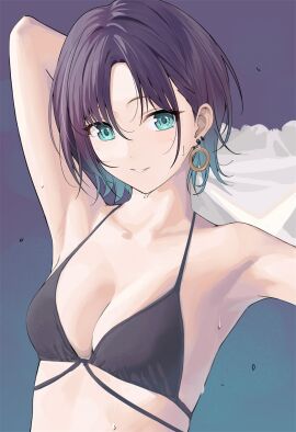 1girls arm_behind_head armpits asakura_toru bare_armpits bare_arms bare_chest bare_midriff bare_shoulders bare_skin bikini bikini_only bikini_top black-haired_female black_bikini black_bikini_only black_bikini_top black_hair black_string_bikini black_swimsuit black_swimwear blue-eyed_female blue-haired_female blue_background blue_eyes blue_hair breasts cleavage collarbone dot_nose dripping_wet ear_piercing earrings elbows exposed exposed_armpits exposed_arms exposed_midriff exposed_shoulders female female_only flat_belly flat_chest flat_chested gin00 grin hand_behind_head high_resolution highres idolmaster idolmaster_shiny_colors lean_figure light-skinned_female light_skin lips looking_at_viewer medium_hair multicolored_hair parted_bangs parted_lips petite petite_body petite_breasts petite_female short_hair shoulders simple_background skinny skinny_female skinny_waist slender_body slender_waist slim_female slim_waist small_breasts smile smiling smiling_at_viewer smirk smooth_chest soaked solo standing string_bikini swimsuit swimwear teenage_female teenager thin_waist upper_body wet wet_belly wet_bikini wet_body wet_breasts wet_butt wet_face wet_hair wet_skin