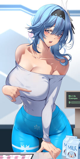 1girls animahakim bare_shoulders big_breasts blue_eyes blue_hair blush breasts clothed clothing color eula_(genshin_impact) female female_focus female_only fully_clothed genshin_impact hi_res large_breasts leggings light-skinned_female light_skin looking_at_viewer short_hair solo solo_female tagme thick_thighs thight_clothing yoga_pants