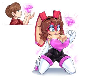 2024 5_fingers absurd_res anthro armwear big_breasts bimboaudino black_clothing black_latex blue_eyeshadow boots breasts brown_hair camel_toe cameltoe chaos_emerald cleavage cleavage_overflow clothed clothed_anthro clothed_female clothed_human clothed_male clothing cosplay ear_piercing ear_ring elbow_gloves eyeshadow female fingers footwear fur gem gender_transformation genital_outline gloves hair handwear hi_res high_heeled_boots high_heels huge_breasts human human_to_anthro kneeling lagomorph latex latex_clothing legwear leporid makeup male mammal mtf_transformation piercing pussy pussy_outline rabbit red_body red_clothing red_fur red_shirt red_topwear ring_piercing rouge_the_bat rouge_the_bat_(cosplay) sega shirt simple_background solo sonic_(series) sonic_the_hedgehog_(series) species_transformation thigh_boots thigh_highs topwear transformation white_armwear white_background white_clothing white_elbow_gloves white_gloves white_handwear white_legwear white_thigh_boots white_thigh_highs