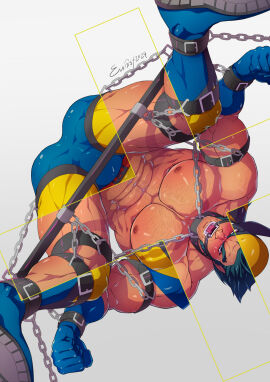 1boy abs artist_name bara black_hair blue_gloves blush bodysuit boots bound bound_ankles bound_arms bound_legs bound_wrists bulge chained chains clenched_hands evinist flaccid gagged gloves highres large_pectorals male male_focus male_only marvel marvel_comics mask muscular muscular_male mutant_(marvel) navel nipples pectorals penis restrained short_hair solo spread_legs wolverine_(x-men) x-men yaoi yellow_bodysuit