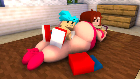 3d ass background between_ass big_breasts boyfriend_(friday_night_funkin) breasts female friday_night_funkin girlfriend_(friday_night_funkin) heels huge_ass long_hair looking_at_another male mine-imator mine_imator minecraft on_floor on_phone relaxing short_hair skirt smaller_male sospoo thick_thighs without_hat