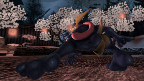3d ass from_below glowing glowing_eyes greninja lantern male male_only mightyk7 night nintendo no_humans outdoors pokemon pokemon_(species) pokémon_(species) sky solo toes tree