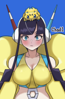 1girls big_breasts breasts elesa_(pokemon) elesa_(pokemon_bw2) embarrassed female female_only gigobyte350 human joltik large_breasts pokemon pokemon_(species) solo