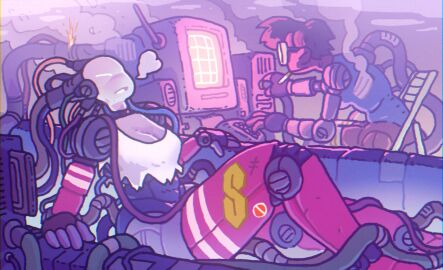 1boy artist_request breasts cable cigarette computer glasses large_breasts male mechanical_arm monitor robot sitting