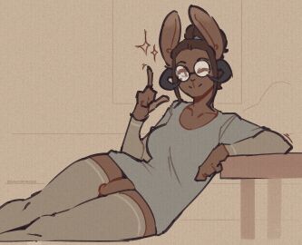 1futa 2024 5_fingers anthro arm_support bottomless bottomless_futa bottomless_intersex bovid_horn brown_body brown_fur brown_hair caprine_horn clothed clothed_anthro clothed_futa clothed_intersex clothing dickgirl dipstick_ears eyewear fingers flaccid fur furniture furry futanari genitals gesture glasses hair hand_gesture hi_res horn intersex lagomorph legwear leporid looking_at_viewer lying mammal multicolored_ears on_side one_eye_closed partially_clothed penis pointing ponytail rabbit ram_horn shirt signature simple_background smile solo solo_futa spikedmauler spikedmauler_(fursona) star stockings t-shirt table tan_background topwear trans_woman transfem wink winking_at_viewer