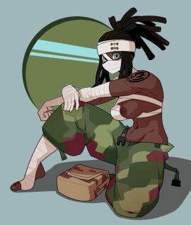 1girls 2d 2d_(artwork) army_pants baggy_pants bandages belly_button black_hair blue_eyes breasts breasts_out brown_areola cargo_pants covered_mouth dabble dark-skinned_female dark_areola dark_nipples dark_skin dreadlocks dreads ebony female female_focus female_only headband headwear looking_at_viewer mask midriff mira_naigus_(soul_eater) mouth_mask navel ponytail shadow simple_background small_breasts solo solo_focus solo_only soul_eater tagme tattoo tattooed_arm toes unbuckled_pants window