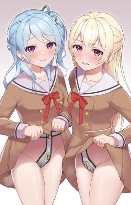 2girls blonde_hair bottomless chastity chastity_belt chastity_device female female_chastity female_only femsub legs light-skinned_female light_skin lock looking_at_viewer miniskirt multiple_females multiple_girls padlock pale-skinned_female pale_skin pose posing purple_eyes skirt teeth teeth_clenched teeth_showing thighs upskirt