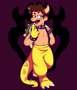 1boy backpack black_earrings blue_eyes blush bowser_(cosplay) bowuigi brown_hair clothed clothing color cosplay curly_hair digital_drawing_(artwork) digital_media_(artwork) earrings fangs fangs_out gay gloves hairy hairy_arms hairy_male happy_trail horns luigi male male_nipples male_only mario_(series) nintendo nipples not_ai_generated open_smile pubic_hair safe safe_for_work shaded sharp_fingernails shell shh shirtless shirtless_male short_hair silence_gesture smile smirk solo solo_focus spiked_bracelet spiked_collar spiked_shell standing suggestive suggestive_clothes suggestive_look suggestive_smile super_mario_bros. tail tan_body topless topless_male yellow_clothing yellow_gloves yellow_pants yellow_tail